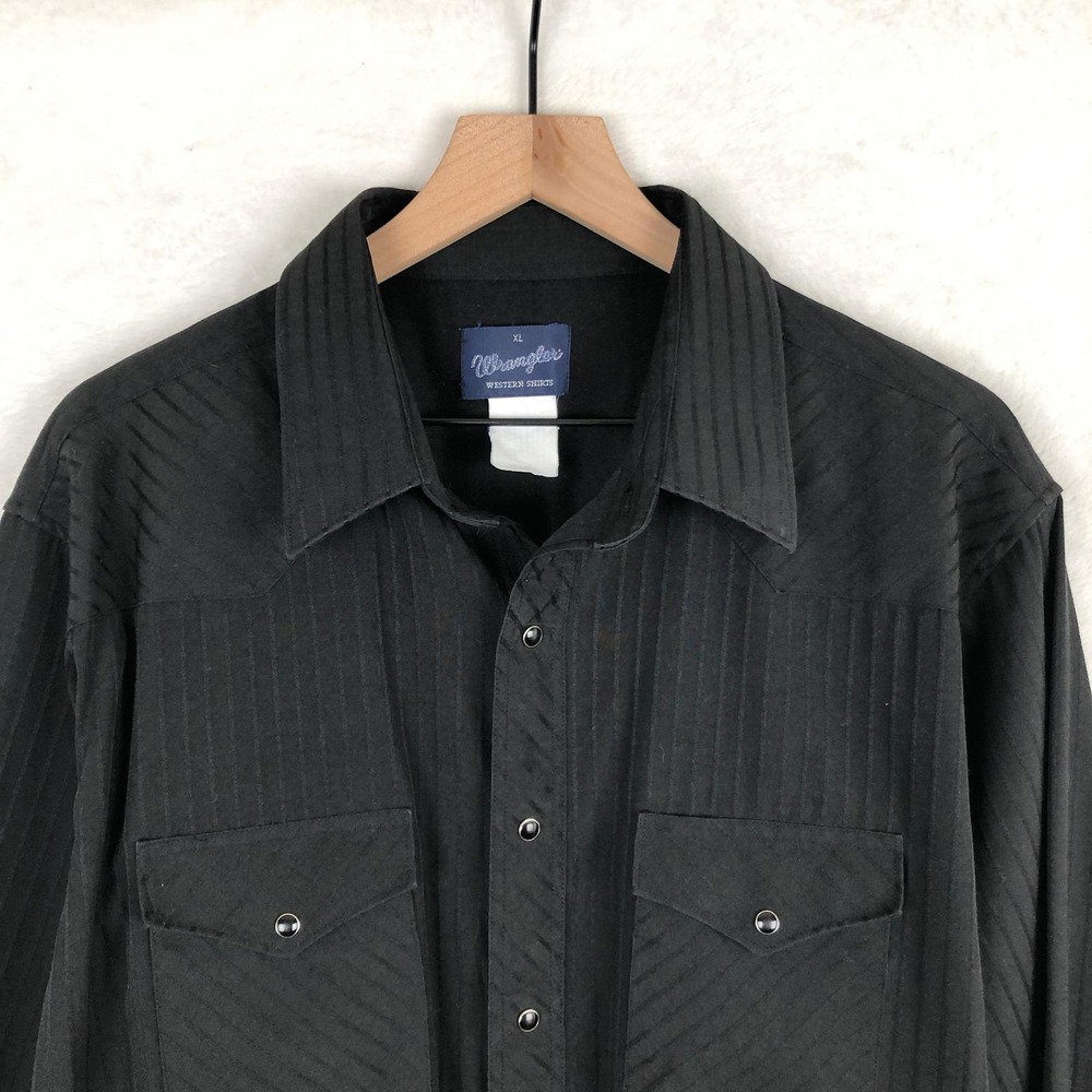VTG WRANGLER Western Snap Shirt Men's Sz XL Black Shiny Shadow Stripe L/S Cowboy - Picture 2 of 9